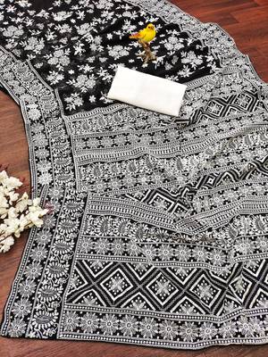 Black Lakhnowi Pattern Thread Embroidered Faux Georgette Saree 5