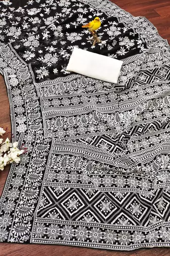 Black Lakhnowi Pattern Thread Embroidered Faux Georgette Saree