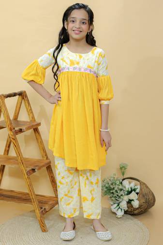 Yellow embroidered cotton kurta set