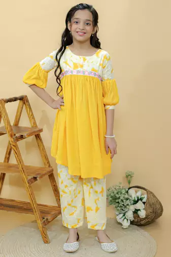 Yellow embroidered cotton kurta set