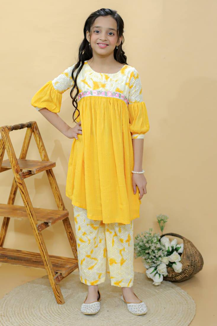 Yellow embroidered cotton kurta set
