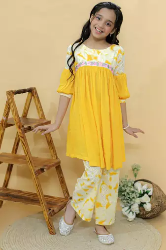 Yellow embroidered cotton kurta set