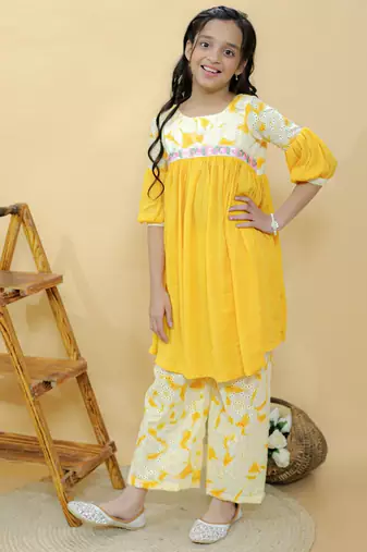 Yellow embroidered cotton kurta set