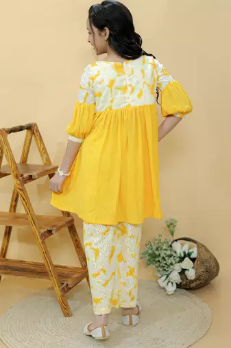 Yellow embroidered cotton kurta set