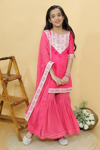 Pink embroidered cotton sharara set