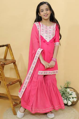 Pink embroidered cotton sharara set