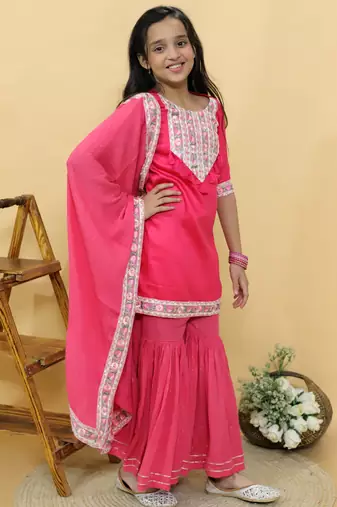 Pink embroidered cotton sharara set