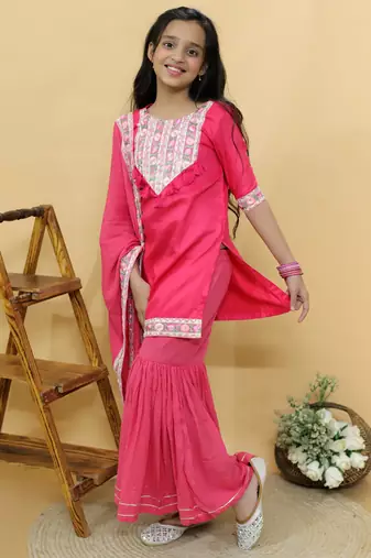 Pink embroidered cotton sharara set