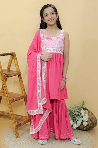 Pink embroidered cotton sharara set