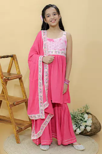 Pink embroidered cotton sharara set