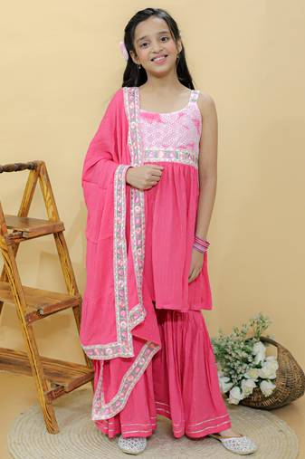 Pink embroidered cotton sharara set
