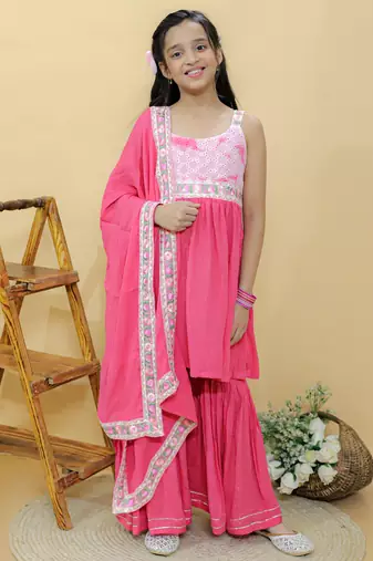 Pink embroidered cotton sharara set