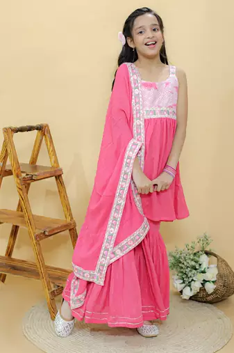 Pink embroidered cotton sharara set
