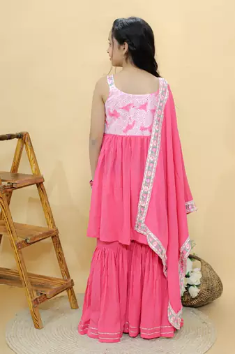 Pink embroidered cotton sharara set