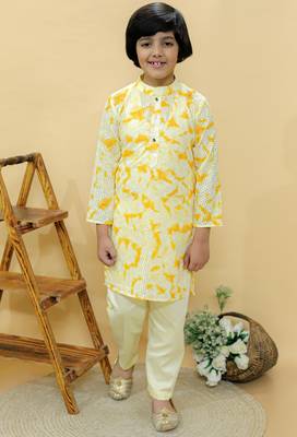 Yellow embroidered cotton kurta pyjama 1