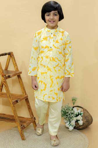 Yellow embroidered cotton kurta pyjama