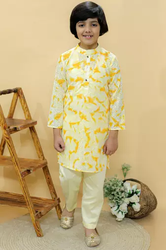 Yellow embroidered cotton kurta pyjama