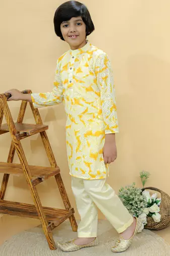 Yellow embroidered cotton kurta pyjama