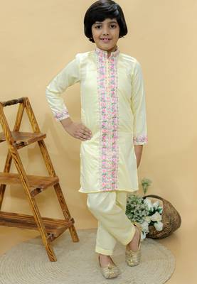 Yellow embroidered cotton kurta pyjama 1