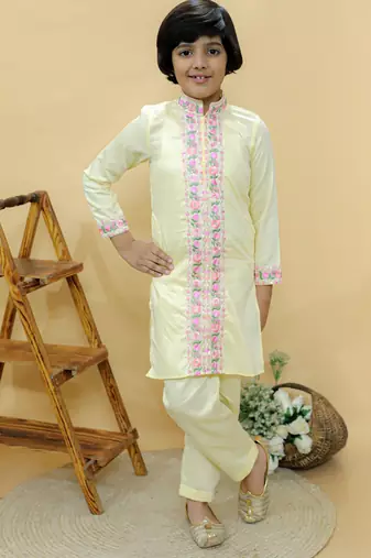Yellow embroidered cotton kurta pyjama