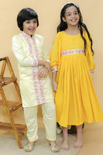 Yellow embroidered cotton kurta pyjama