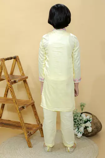 Yellow embroidered cotton kurta pyjama