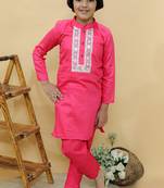 Pink plain cotton kurta with neckline embroidery & pyjama