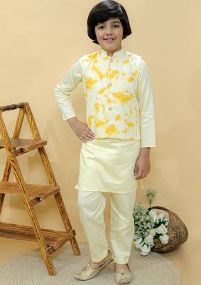 Yellow embroidered cotton nehru jacket set 1