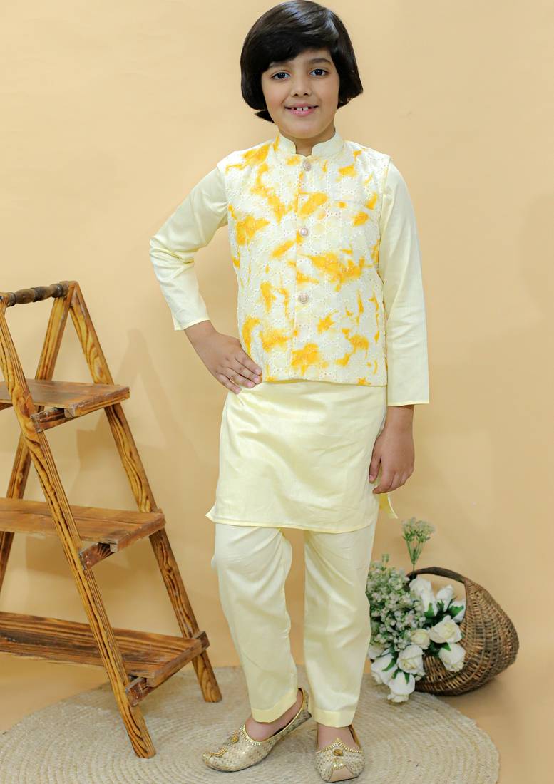 Yellow embroidered cotton nehru jacket set