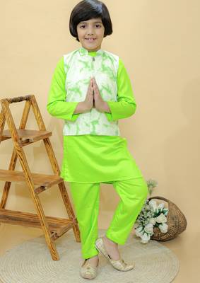 Green embroidered cotton nehru jacket set 2