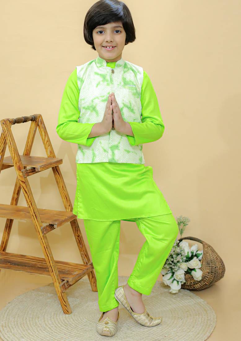 Green embroidered cotton nehru jacket set