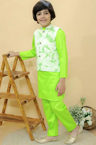 Green embroidered cotton nehru jacket set