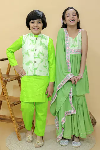 Green embroidered cotton nehru jacket set
