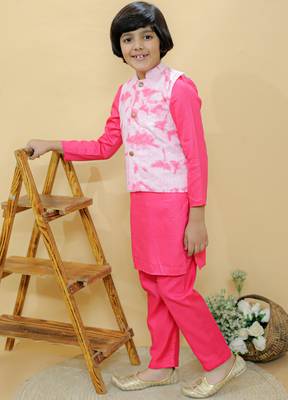 Pink embroidered cotton nehru jacket set 2