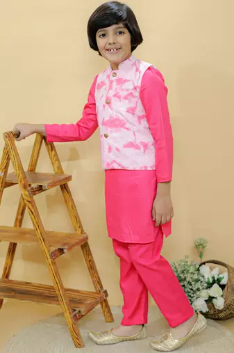 Pink embroidered cotton nehru jacket set