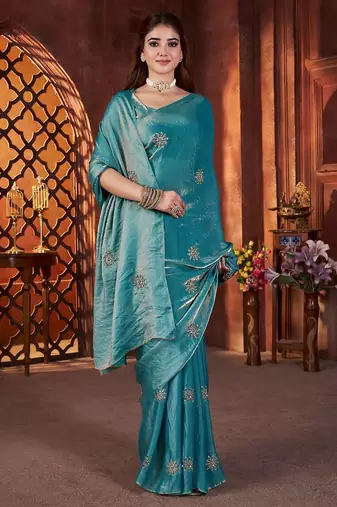 Blue Beads Pipe Hand Work Butta fendy Satin silk blend Saree