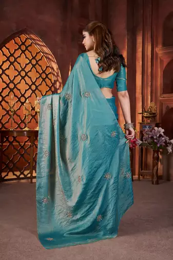 Blue Beads Pipe Hand Work Butta fendy Satin silk blend Saree