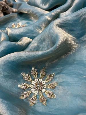 Blue Beads Pipe Hand Work Butta fendy Satin silk blend Saree 4