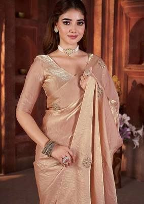 Cream Beads Pipe Hand Work Butta fendy Satin silk blend Saree 1
