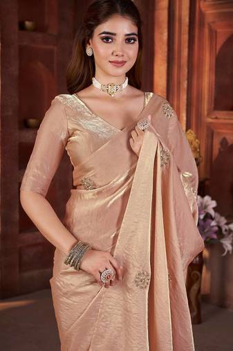 Cream Beads Pipe Hand Work Butta fendy Satin silk blend Saree