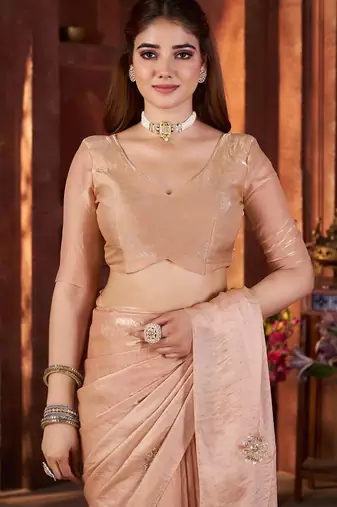 Cream Beads Pipe Hand Work Butta fendy Satin silk blend Saree