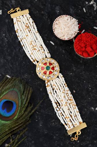 Handcrafted pearl & gold bead rakhi