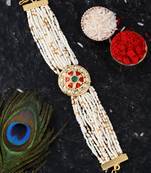 Handcrafted pearl & gold bead rakhi