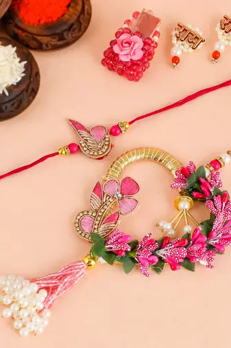 Handcrafted pearl & gold bead rakhi