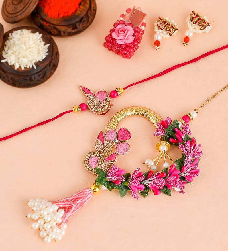 Handcrafted pearl & gold bead rakhi