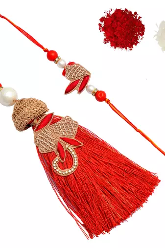 Handcrafted pearl & gold bead rakhi