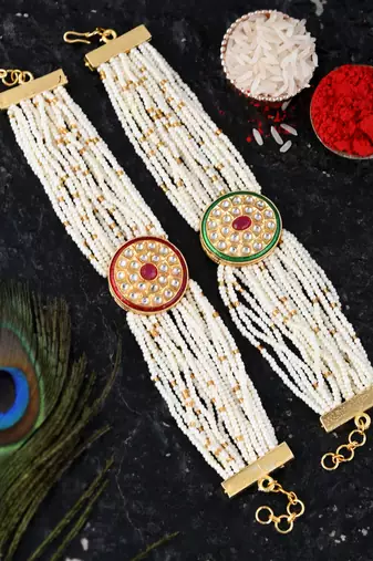 Handcrafted pearl & gold bead rakhi