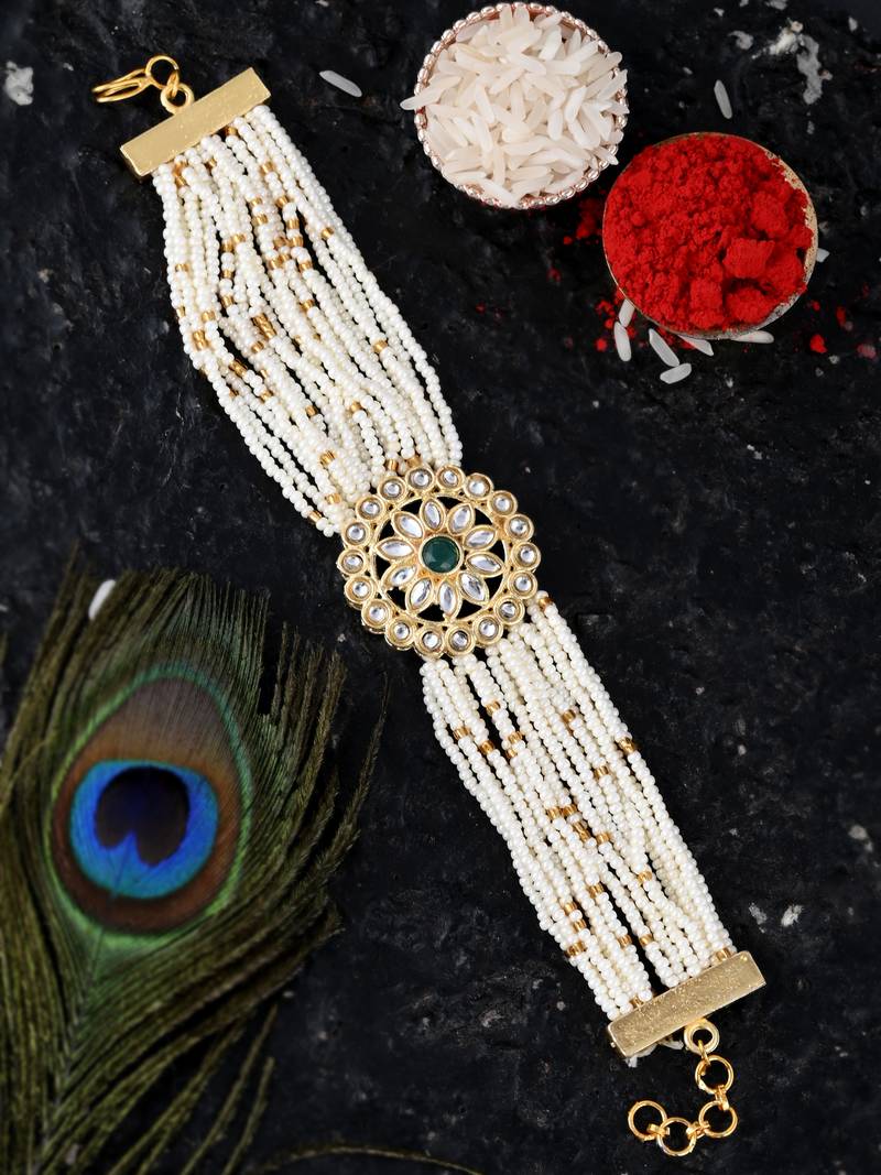 Handcrafted pearl & gold bead rakhi