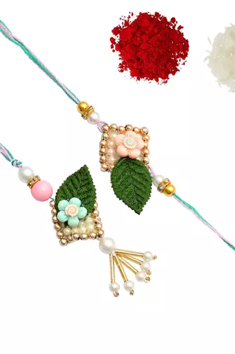 Handcrafted pearl & gold bead rakhi