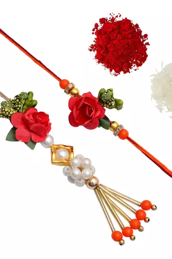 Handcrafted pearl & gold bead rakhi